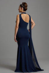 Meerjungfrau Marineblaues Satin Halstuch Langes Ballkleid